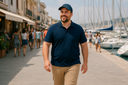 mężczyzna plus size idący chodnikiem przy porcie, ubrany w granatową koszulkę polo, beżowe spodnie chino, na głowie czapeczkę z daszkiemkoszulk