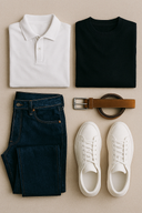 Kompozycja odzieży składająca się z białej koszulki polo, czarnej koszulki, granatowych jeansów, skórzanego brązowego paska i białych sneakersów