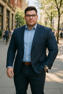 mężczyzna plus size w okularach, stojący na chodniku, ubrany w granatową marynarkę, błękidtną koszulę i granatowe spodnie