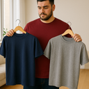 mężczyzna  plus size w bordowej koszulce trzymający w ręku wieszaki z koszulkami granatową i szarą