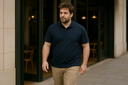 mężczyzna plus size idący ulicą, ma na sobie granatową koszulkę i beżowe chinosy